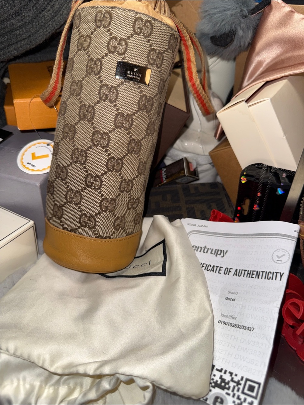 Gucci Beige GG Monogram Drawstring Mini Water Bottle Bag with Tan Trim - Picture 12 of 15